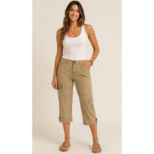 Cache Crop Cargo Pant Rhinestone Stud Adjustable Length Embellished NWT $98 Sz 8